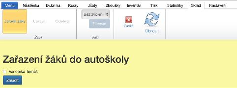 Předvyplněné soubory přiložené v e-mailu jsou: 1. ŽÁDOST O PŘIJETÍ K VÝUCE A VÝCVIKU 2. LÉKAŘSKÝ POSUDEK O ZDRAVOTNÍ ZPŮSOBILOSTI K ŘÍZENÍ MOTOROVÝCH VOZIDEL 10.1.1.Zařadit žáky Tato funkce slouží pro přesun žáků ze skladu do evidenční knihy.