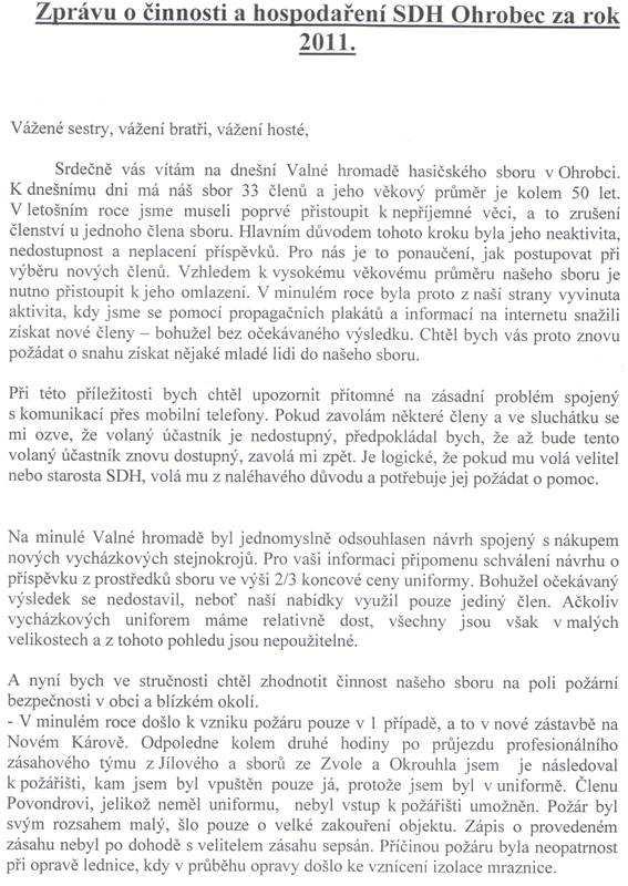 2. Zprávu o činnosti SDH Ohrobec za rok 2011 přednesl