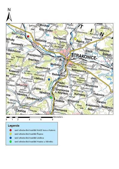 Obr. 16: Mapa s vyznačenými hradišti