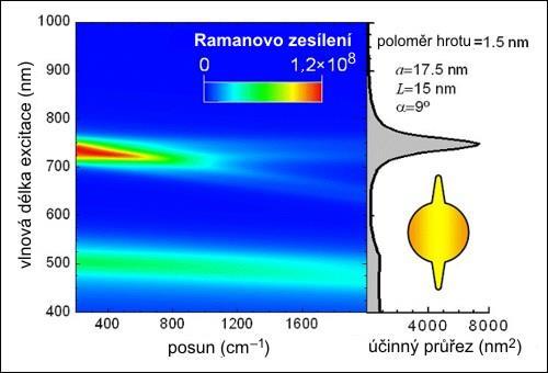 SERS na nanohvězdičkách Vypočtené hodnoty zesílení a účinného průřezu pro