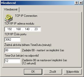 Zde opět vložte IP adresu modulu TL250 a nastavte správný port.