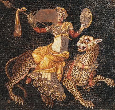 Kat. č.: I/10 Objekt: podlahová mozaika Datace: 200-150 př. n. l. Materiál: kámen Popis: Dionýsos jako mladík jedoucí na leopardovi.