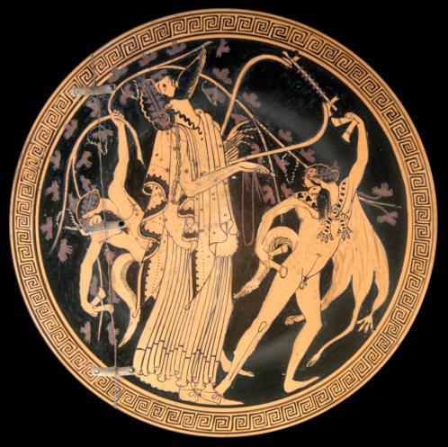 Kat. č.: II/7 Objekt: attický červenofigurový kylix Autor: malíř Brygos Datace: cca 480 př. n. l. Materiál: terakota Popis: Dionýsos v extatické pozici se zakloněnou hlavou hraje na lyru.