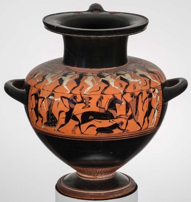 Před oslem běží satyr s koňským ocasem a ušima, dlouhými vlasy a vousy a výrazně velkým fallem. Umístění: The Metropolitan Museum, New York Kat. č.