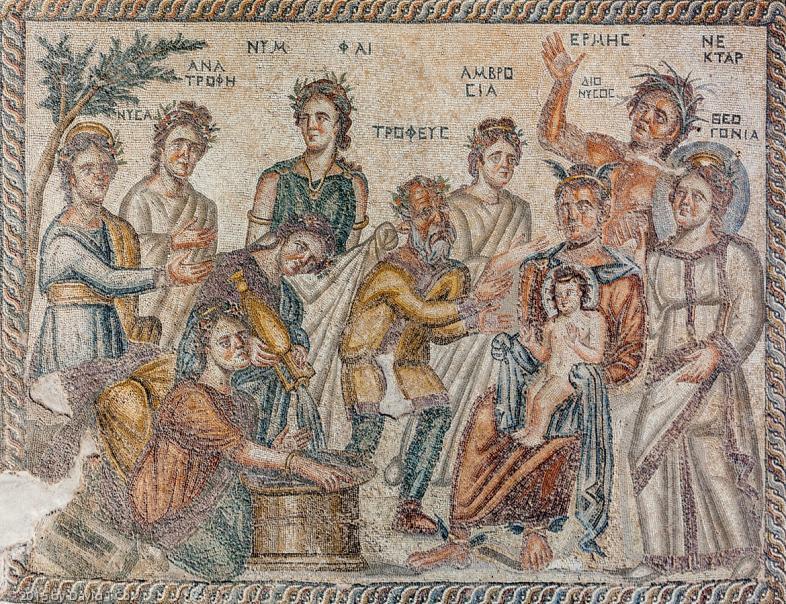 Obr. 21. Kyperská mozaika. Z Egypta pochází raně byzantská tapiserie ze 4. či 5. století n. l., na níž je vyobrazen Dionýsos s Pánem (viz Obr. 22).