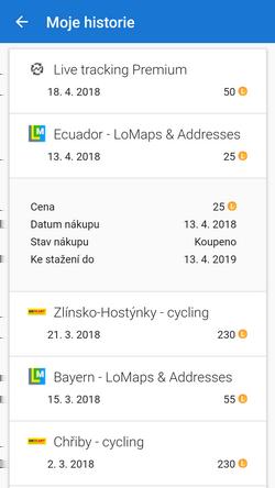 2019/01/10 07:41 7/10 Uživatelský profil Moje nákupy Historie všech vašich nákupů map, tras, bodů zájmu nebo funkcí: Příjem LoCoinů Historie všech
