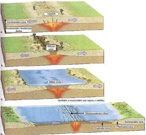 Obr. 10 Schématický řez kontinentálním riftem, vývoj oceánu (převzato z http://geologie.vsb.cz/jelinek/tc-lit-desky.htm).