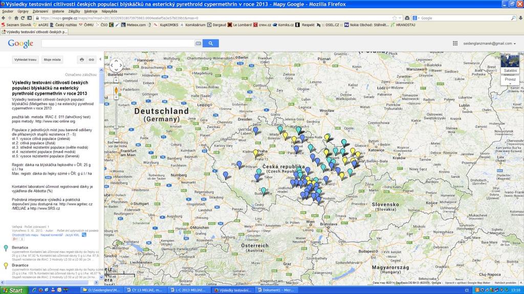 Ukázky práce s elektronickou mapou: Obr. 2 - Na mapě (server Google) jsou vyznačeny lokality, ze kterých byly odebrány vzorky populací blýskáčků testovaných na citlivost proti cypermethrinu.