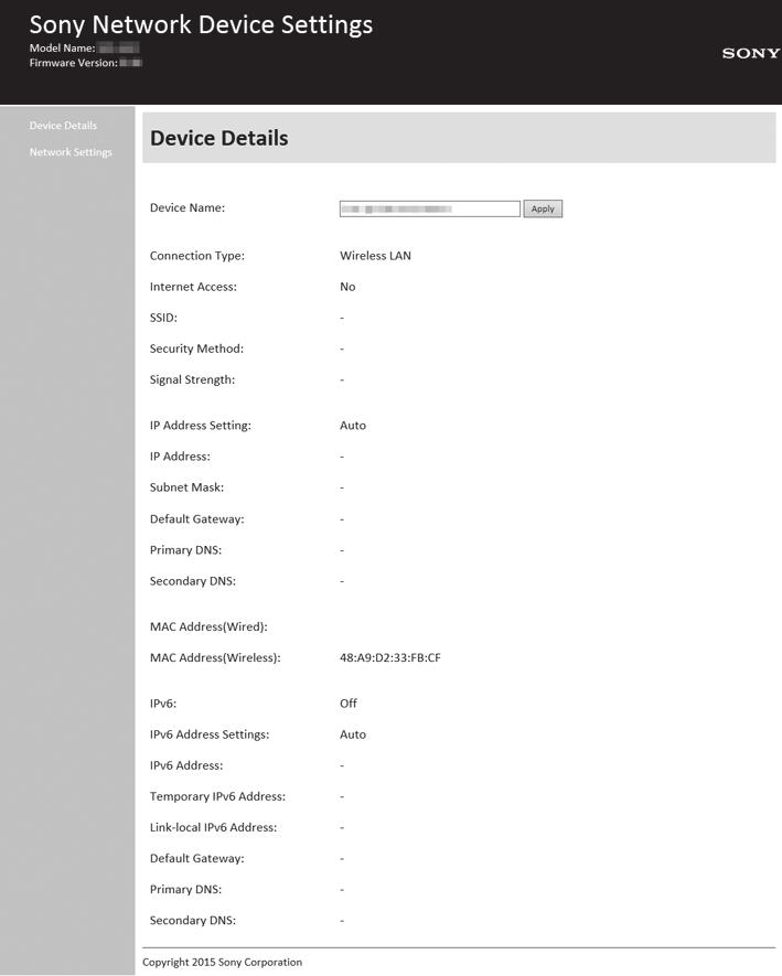1 Zaznamenejte si SSID a heslo vašeho routeru. Podrobnosti naleznete v návodu k obsluze routeru. SSID (název sítě Wi-Fi): 4 Přejděte na obrazovku [Sony Network Device Settings].