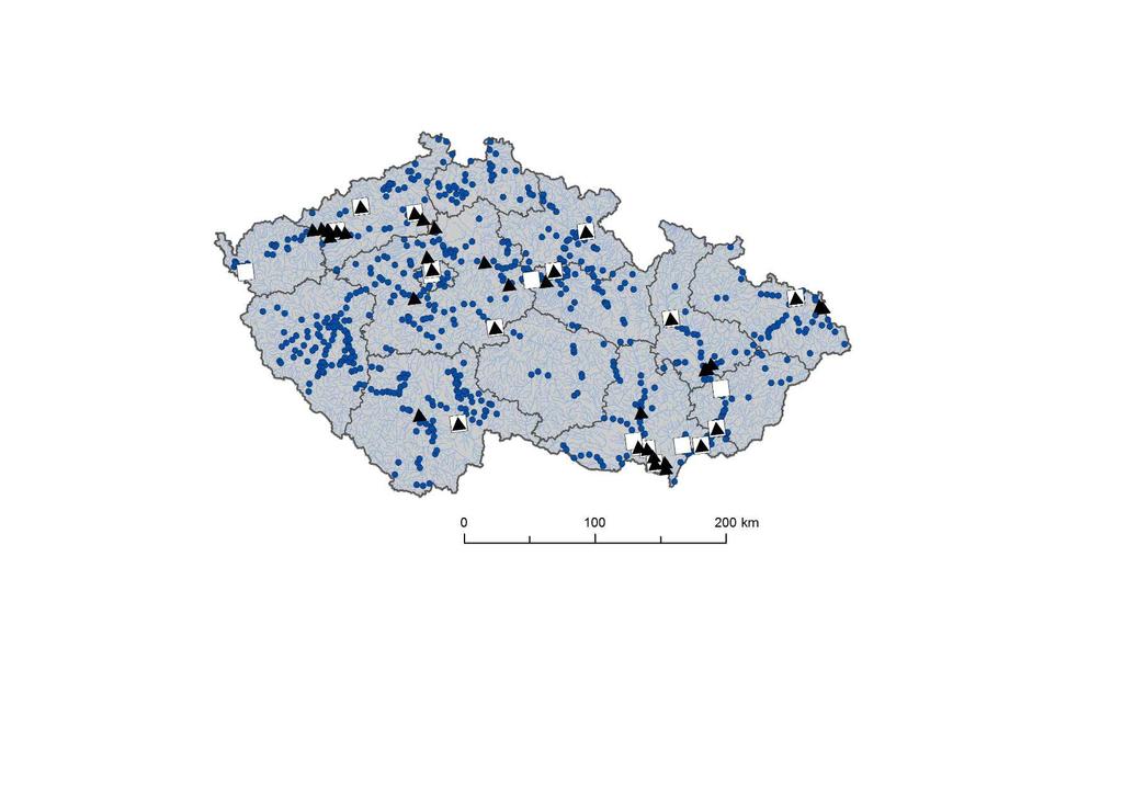 Obr. 2. Lokality s nejvyšším počtem zjištěných druhů a jedinců vodních ptáků na území ČR v lednu 2016.