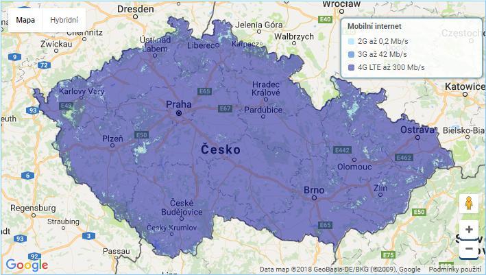Obr. 17: Mapa pokrytí mobilní sítě společností O2 v České republice 7.