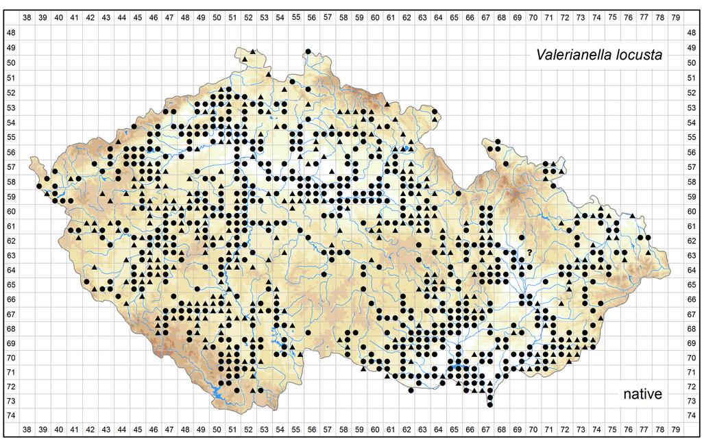 Distribution of Valerianella locusta in the Czech Republic Author of the map: Jiří Danihelka, Zdeněk Kaplan Map produced on: 07-11-2016 Database records used for producing the distribution map of