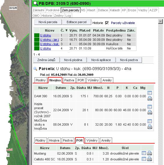 Obrázek 9: Zobrazení skladové karty hnojiva/por 6.2 LPIS Zadané aplikace hnojiv/por vidím na konkrétní parcele na záložkách hnojiva a POR.