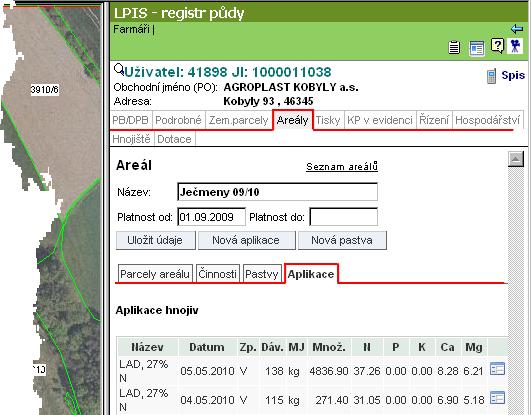 Zadané aplikace hnojiv/por vidím i na areálu na záložce aplikace, ale pouze v případě, že k zadání aplikace hnojiva/por došlo v EPH přes areál. Opět se mohu prokliknout do zadávacího formuláře.