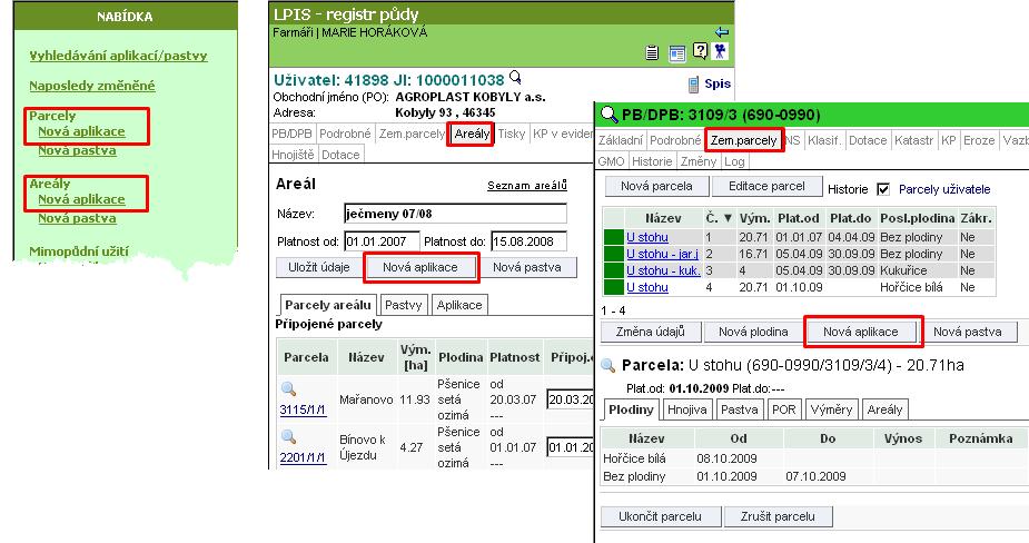 EPH levé menu LPIS karta uživatele, záložka Areály, detail zvoleného areálu LPIS karta PB/DPB, záložka Zem. parcely, detail zvolené parcely 4.