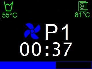 Zobrazí se ikona automatického časovače (je-li aktivován v nabídce uživatele). Plnění vany pokračuje až po dosažení určené hladiny. FÁZE OHŘEVU Po provedeni plnění začne ohřev vody oplachování a mytí.