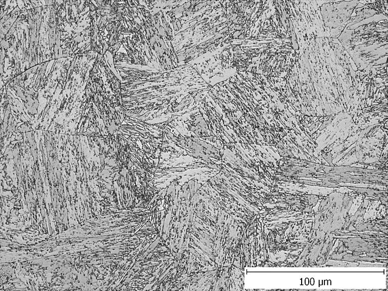 Obr. 8.2 Mikrostruktura oceli Custom 465 ve středu průřezu, podélný řez Z těchto obrázků je patrné, že mikrostruktura je tvořena popuštěným laťkovým (nízkouhlíkovým) martenzitem. Na dalším obr. 8.3 je také zachycena mikrostruktura oceli Custom 465.