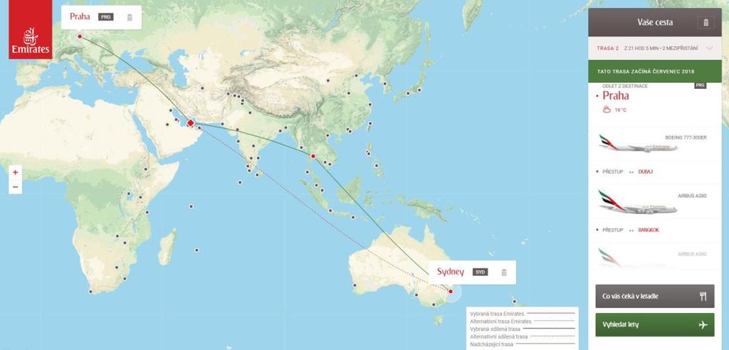 Praha-Dubaj-Bangkok-Sydney. Je zde vidět i rozdíl mezi typy letadel na jednotlivých trasách. [36] Obrázek 1 - Mapa letu Praha-Dubaj-Sydney [36] Obrázek 2 - Mapa letu Praha-Dubaj-Bangkok-Sydney [36] 7.