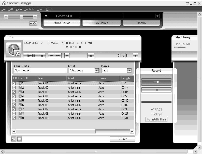 Používání nápovědy SonicStage Import audio dat V této části je popsán způsob nahrávání a ukládání audio dat z disku CD audio do knihovny My Library v softwaru SonicStage na pevném disku počítače.