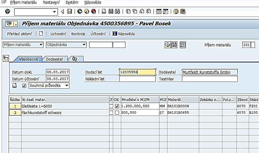 Evidence materiálu v systému Jakmile skladník přijme zásilku, musí ji zaevidovat do systému SAP. Do systému skladník zadá číslo objednávky a k tomu číslo dodacího listu.