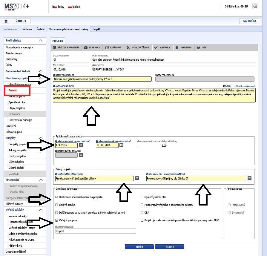 Projekt Na záložce Projekt žadatel vyplní Název projektu CZ, Anotaci Projektu, ve které stručně popíše předmět předkládaného projektového záměru, ze kterého bude jednoznačně patrný zaměření projektu.