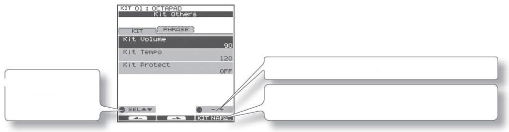 Nastavení celé sady (KIT OTHERS) Kit Volume, Tempo, Protect (KIT OTHERS-KIT) Zde můţete změnit hlasitost sady, tempo a ochranu. 1. Zvolte MENU OTHERS KIT (str. 16). Objeví se obrazovka KIT OTHERS-KIT.