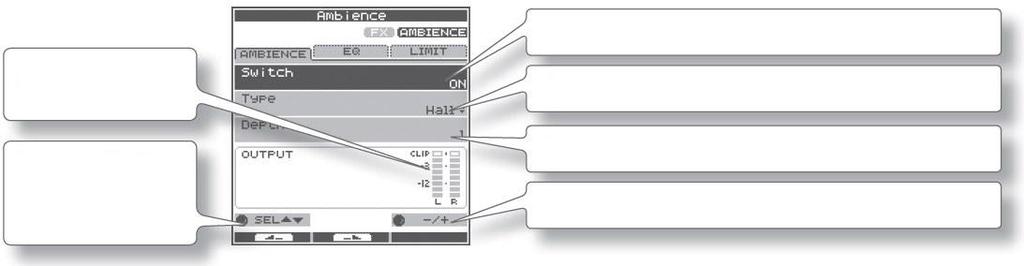 Editace AMBIENCE V této sekci se dovíte, jak si nastavit celkový zvuk OCTAPADu. Máte na výběr z efektů Ambience, Equalizer a Limiter.