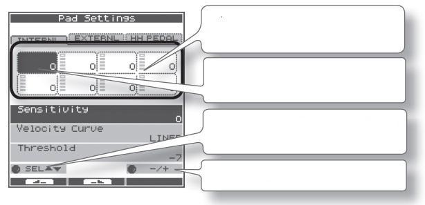 Nastavení interní citlivosti padů Interní pady (PAD SETTING-INTERNAL) Jak nastavit citlivost interních padů. 1. Zvolte MENU PAD INTERNAL (str. 16). Objeví se obrazovka PAD SETTING-INTERNAL. 2.