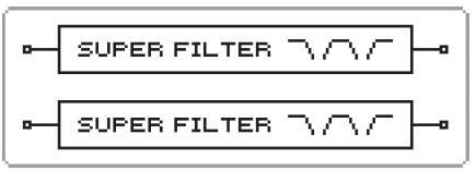 00: THRU Efekt nebude aplikován 01: SUPER FILTER Filtr s extrémně ostrou strmostí. Cutoff frekvenci můţete měnit cyklicky.
