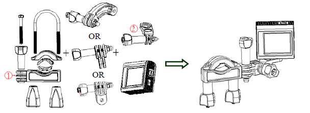Připevnění úchytů : Připevnění videokamery na kolo 1. Uzavřete videokameru do vodotěsného pouzdra. 2. Připevněte úchyt a) s gumovou podložkou k řidítkům prostřednictvím šroubů. 3.