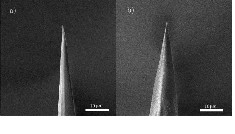 4 EXPERIMENTÁLNÍ ČÁST Obrázek 4.7: Hroty vyleptané pomocí a) Turnerovy metody, b) tube-etching metody. Hroty vyleptané tube-etching metodou mají větší vrcholový úhel a menší povrchovou drsnost.