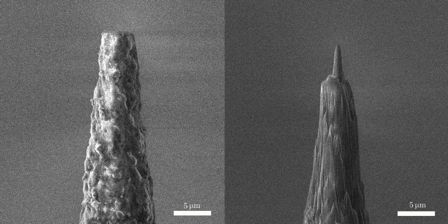 4 EXPERIMENTÁLNÍ ČÁST Obrázek 4.9: Oprava špatně vyleptaného vlákna pomocí fokusovaného iontového svazku. Vlevo je vlákno vyleptané Turnerovou metodou před opravou, vpravo po opravě.