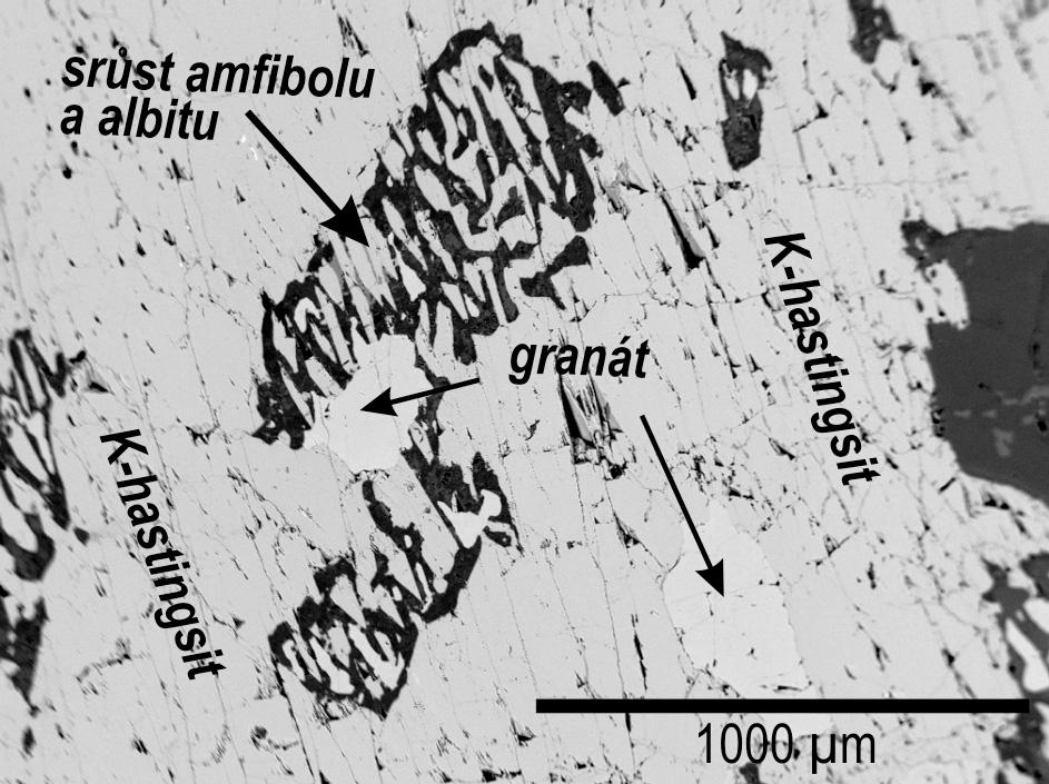 Tab. 1: Reprezentativní chemické analýzy granátů a pyroxenů. Tab. 1: Representative chemical analyses of garnets and pyroxenes.