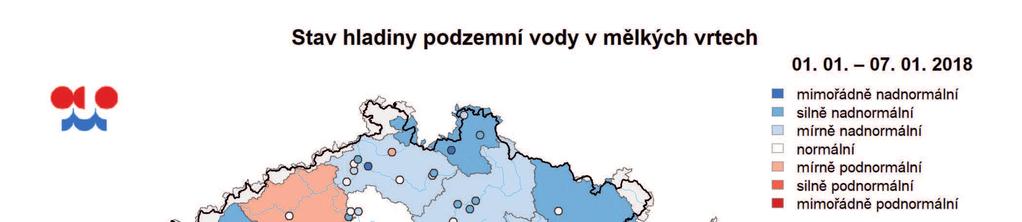 Mapa ukazuje stav podzemní vody ve sledovaných vrtech a oblastech povodí dle pravděpodobnosti překročení úrovně hladin v daném týdnu v referenčním období 1981 2010 (viz text).