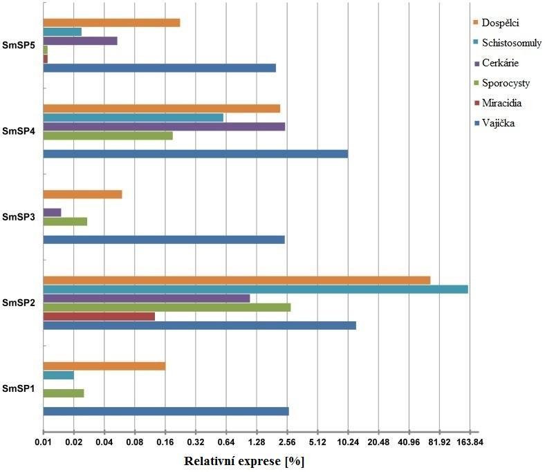 Obr. 10: Relativní exprese jednotlivých SmSP ve vývojových stádiích schistosomy stanovaná pomocí qrt-pcr.