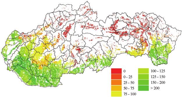 Výrazné poklesy hodnôt NDVI je možné interpretovať ako reakciu (odozvu) vegetácie na zhoršené podmienky počas júna, resp. augusta.