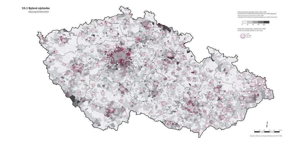 Mapa zobrazuje intenzitu bytové výstavby a počet dokončených bytů v obcích České republiky v letech 1997 2006.