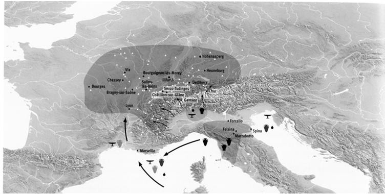 .. nájezdy do vzdálenějších oblastí otroci na prodej služby v družinách v centrech luxusní komodity zprostředkovány centry příklad: Core periphery vztah Středomoří a zaalpských oblastí Ha D2 3