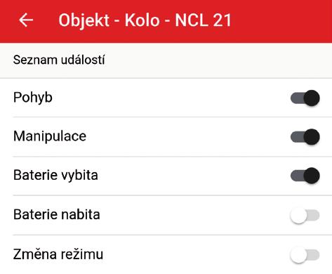 V případě jednotky NCL 21 aplikace ONI system podporuje tyto notifikace: pohyb, manipulace, baterie vybita, baterie nabita a změna režimu.