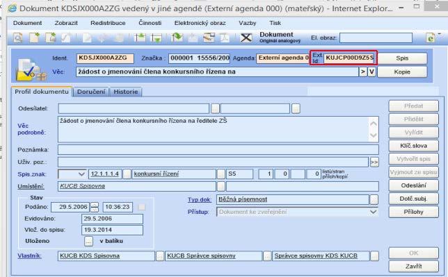 e. Na záložce Sběrný arch spisu se zobrazují jednotlivé dokumenty spisu. Na detailu dokumentu je také zobrazen Externí identifikátor. f. Pomocí ikony El.