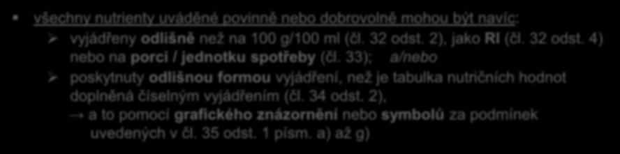 Sacharidy z toho - cukry g Bílkoviny Sůl g g g všechny nutrienty uváděné povinně nebo dobrovolně mohou být navíc: vyjádřeny odlišně než na 100 g/100 ml (čl.