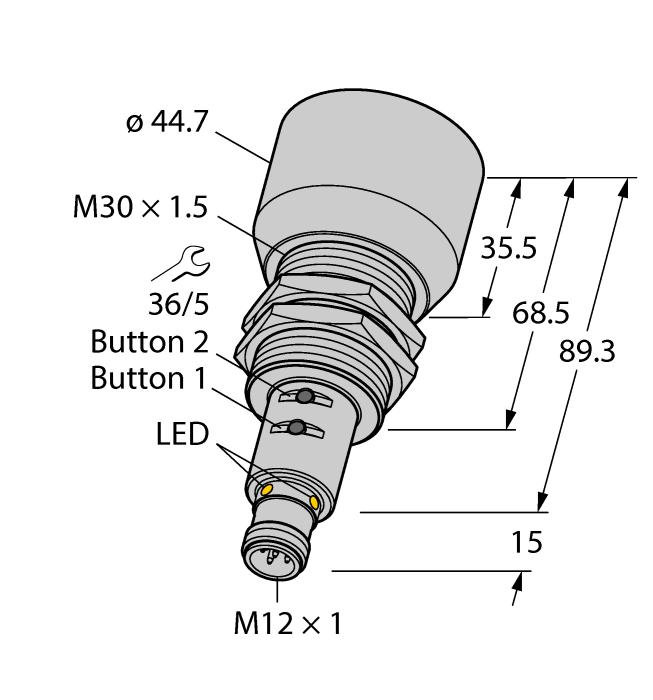 hladké čelo akustického měniče závitové pouzdro M30, zalité připojení konektorem M12x1 měřicí rozsah nastavitelný tlačítkem/ Easy-Teach teplotní kompenzace mrtvá zóna: 60 cm rozsah: 600 cm rozlišení: