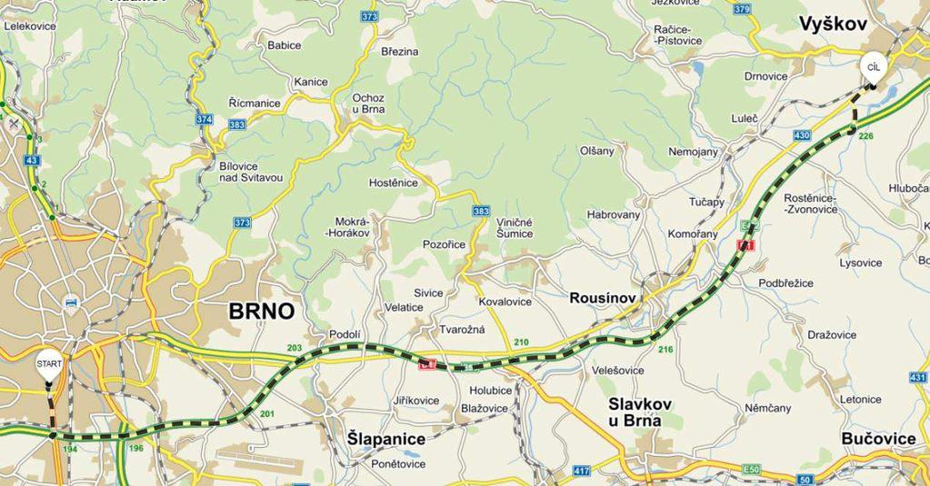 Obrázek 60: Doprava ocelových prvků - celá cesta Začátek trasy: Ferona, a.s. Víde ská Řř, Brno Konec trasy: Brněnská 455/ňř, Vyškov Délka trasy: Doba jízdy: Popis trasy: cca 36 km cca 22 minut Z areálu firmy Ferona, a.