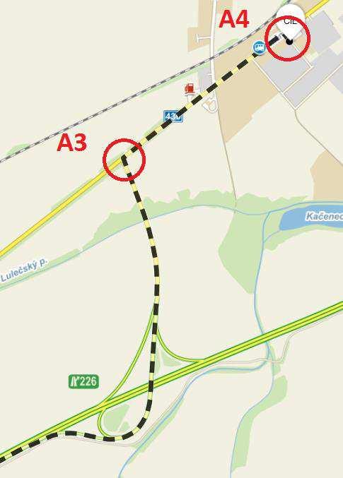 Obrázek 63: Kritické body A3, A4 Rozměry tahače s návěsem: délka: 16 500 mm výška: ň 710 mm poloměr otáčení: cca Ň1 m POZN: Poloměr otáčení tahače s návěsem se mi nepodařilo nikde najít, proto jsem