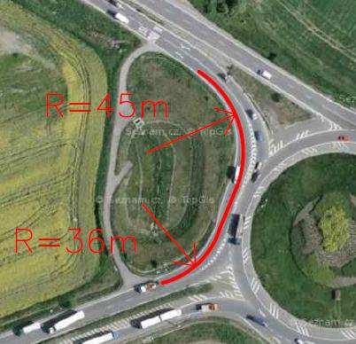 Bod B9 - odbočovací pruh na kruhovém objezdu u Olomouce - 21m < 45m / 36m VYHOVUJE Obrázek 84: Posouzení bod Bř Bod