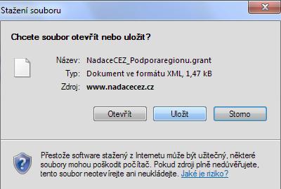 Krok 1. - Chci podat novou žádost Přečtěte si prosím pokyny. Vyberte si grantové řízení Podpora regionů a klikněte na Uložit klíč. Budete vyzváni k uložení bezpečnostního klíče.