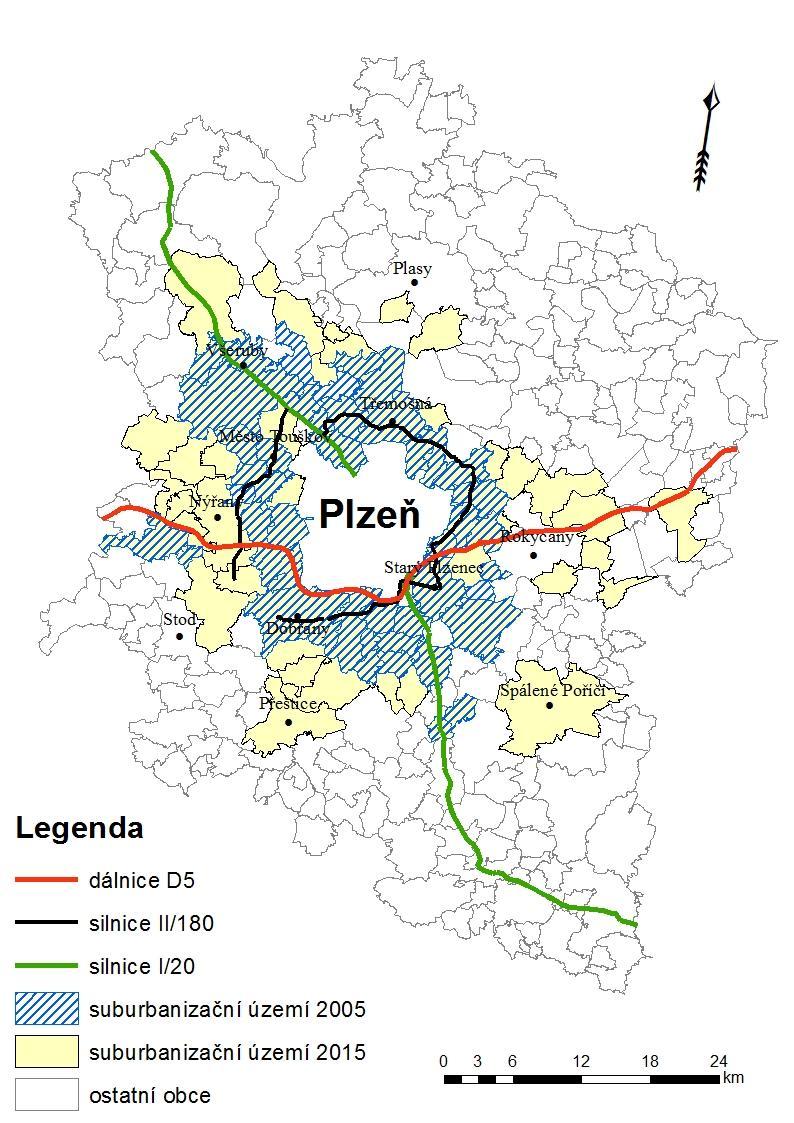 Obr. č. 19: Suburbanizační území v Plzeňské aglomeraci v roce 2005 a 2015 zdroj: vlastní zpracování dle Sobotová (2006), ČSÚ (2017) a ArcČR 500 Obrázek č.