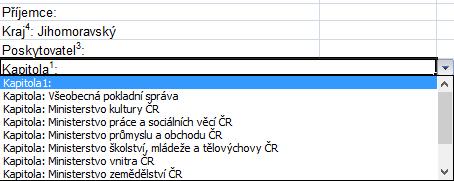 V tabulce vyplňujeme vždy (zvýrazněno tučně): Příjemce (název obce/městyse/města), Kraj (název kraje prostřednictvím kterého byla dotace poskytnuta v našem případě tedy Jihomoravský kraj),