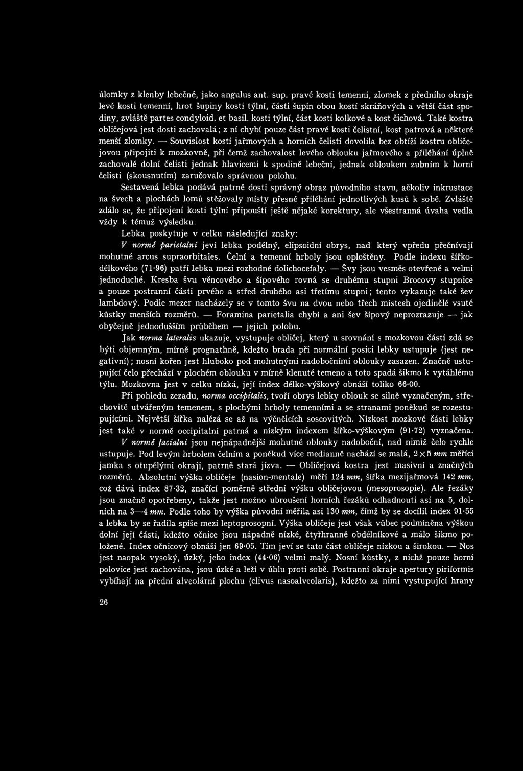 kosti týlní, část kosti kolkové a kost čichová. Také kostra obličejová jest dosti Zachovalá; z ní chybí pouze část pravé kosti čelistní, kost patrová a některé menší zlomky.