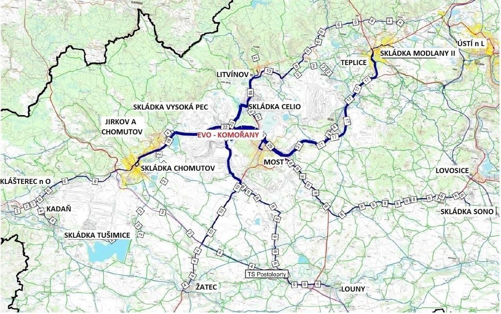 Umístění projektu a svoz odpadu 11 Příklad - předpokládané oblasti svozu do EVO - Komořany a